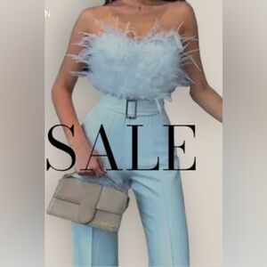 Elegant Blue Feathered Jumpsuit